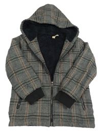 Čierno-sivo-starorůžovo-smaragdová kockovaná vzorovaná zateplená bunda s kapucňou