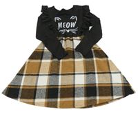 Čierno-hnedo-biele kockované šaty s mačičkou a volánikmi SHEIN
