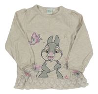 Světlebéžovo/šedé melírované triko s Thumperem a krajkovým volánkem Disney