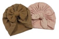 2x- Vzorovaná turbanová čepice s mašlí - Hnědá, světlerůžová