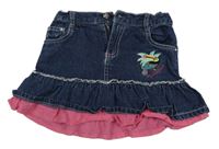 Tmavomodro-ružová riflovo/plátěná sukňa s tukanom a palmou KIDS