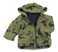 Khaki huňatá podšitá bunda s dinosaurami a kapucňou St. Bernard