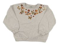 Svetlobéžová melírovaná oversize mikina s kvietkami a motýlikmi a flitrami a volánikmi C&A