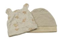 2x - Čepice - Béžová melírovaná s medvedíkmi a uškami H&M, béžovo/bílá pruhovaná