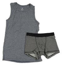 2Set - Tmavomodrý melírovaný nátělník + černo/šedé pruhované trenírky H&M