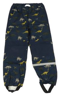 Tmavomodré šusťákové nepromokavé podšité kalhoty s dinosaury H&M