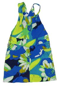 Modro-zelená vzorovaná plátenná sukňa s trakami