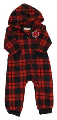 Červeno-čierna kockovaná fleecová kombinéza s javorovým listom a kapucňou