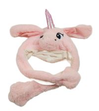 Růžová chlupatá čepice se šálou - jednorožec