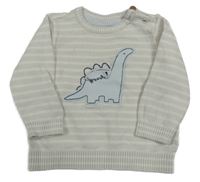Světlebéžovo-bílý pruhovaný svetr s dinosaurem Mothercare