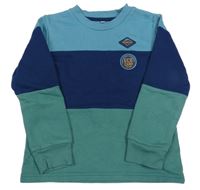 Modro-tmavomodro-zelená mikina s nášivkami