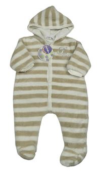 Nové - Béžovo-biela pruhovaná chlpatá podšitá kombinéza s nápisom a kapucňou