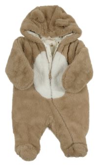 Hnědo-bílá kožešinová zateplená kombinéza s kapucí s oušky