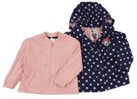 3v1 - Tmavomodrá puntíkatá šusťáková jarní bunda s Minnie a kapucí + růžová propínací mikina C&A