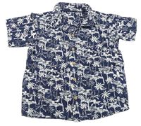 Tmavomodro-bílá lněná košile s palmami Matalan