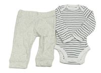 2 set - Bílo-šedé pruhované body + světlešedé melírované lehké tepláky 
