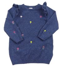 Tmavomodrý pletený svetr s výšivkami a volánky Primark