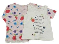 2 set - biely top s nápisy + svetloružový kvetovaný cardigan kids