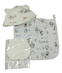 3 set - biela čapica s Púem + plyšová žínka s Púem + bavlněné rukavice