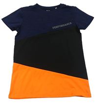 Tmavomodro-černo-oranžové sportovní tričko s nápisem Yigga