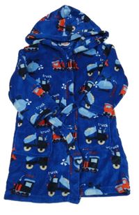 Tmavomodrý plyšový župan s vlaky a autami a kapucňou Yigga