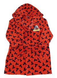Červeno-tmavomodrý vzorovaný plyšový župan s mašinkou Tomášem a kapucňou