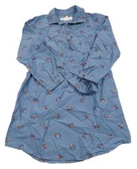 Modré kvetované košeľové šaty s opaskom H&M