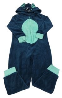 Tmavomodro-tyrkysová plyšová kombinéza s kapucí - příšerka