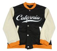 Čierno-béžovo-oramnžová baseballová mikina s nápisom