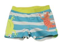 Bílo-světlemodro-zelené pruhované nohavičkové chlapecké plavky s ještěrkami Pusblu