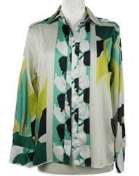 Dámská zeleno-bílo-černá vzorovaná saténová halenka Zara 