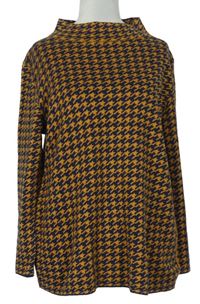 Dámsky tmavomodro-horčicový vzorovaný sveter so stojačikom