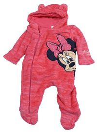 Ružová melírovaná chlpatá podšitá kombinéza s Minnie a kapucňou Disney