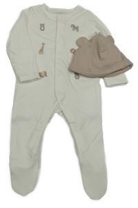 2set- bílý overal se zvířátky+ čepice F&F