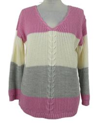 Dámský růžovo-bílo-šedý pruhovaný svetr Glimpse