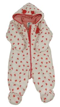 Bielo-červená chlpatá zateplená kombinéza s mašličkami a kapucňou