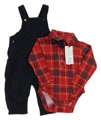 Nové - 3Set - Tmavomodré na traké manšestráky + červené kockované košeľové body + motýlok F&F