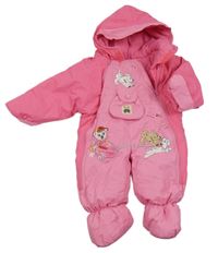 Růžová šusťáková zimní kombinéza s dalmatiny, medvídky a kapucí 