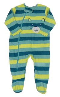 Zeleno-žltý pruhovaný fleecový overal s medvedíkom