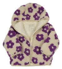 Smetanovo-tmavofialová kvetovaná huňatá zateplená bunda s kapucňou Tu