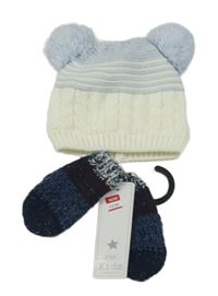 Nové - 2set - Bílo-světlemodrá pletená čepice + pletené rukavice F&F