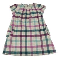 Béžovo-ružovo-zelené kockované vlnené šaty