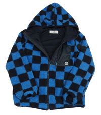 Modro-tmavomodrá kostkovaná huňatá podšitá bunda s kapucí H&M