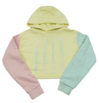Žlto-ružovo-belasá crop mikina s logom a kapucňou Elle