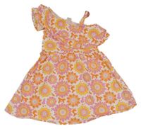 Ružovo-oranžové kvietkovane bavlnené šaty s volánikmi LC Waikiki