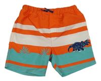 Oranžovo-zeleno-bílé pruhované plážové kraťasy s dinosaurem Sergent Major