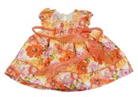 Červeno-oranžové květované slavnostní šaty s mašlí 