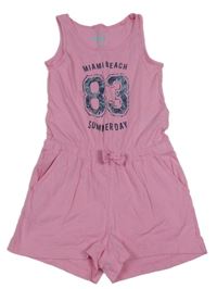 Ružový bavlnený kraťasový overal s nápisom Pepperts