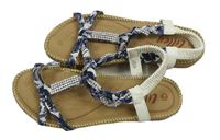 Tmavomodro-bílo-světlehnědé textilno/koženkové sandály s kamienkami Lilley vel. 36