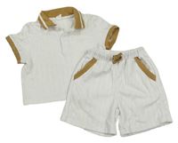 2Set - Bielo-hnedé rebrované vzorované úpletové polo tričko + kraťasy SHEIN